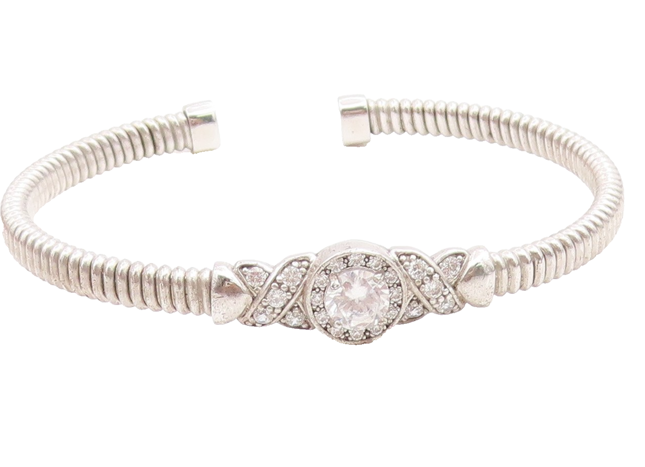 925 Sterling Silver Vintage Bracelet Elegant CZ Crossover Swirl Cuff  BT11887