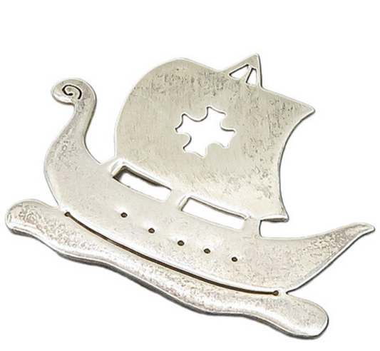 925 Sterling Silver  Vintage Cross Cutout Sailing Ship Motif Brooch Pin BP7092