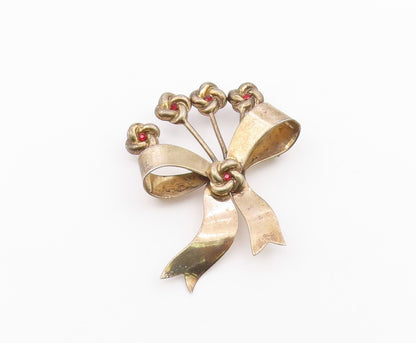925 Sterling Silver  Vintage Red Topaz Floral Ribbon Bow Brooch Pin  BP4867