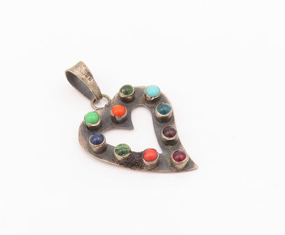 925 Sterling Silver Vintage Pendant Antique Gemstone Cutout Heart  PT24273