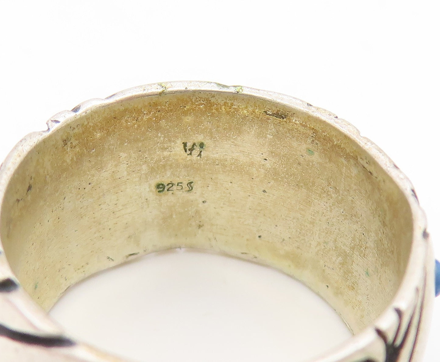 925 Sterling Silver Vintage Ring Lapis Lazuli Scrollwork Wide Band Sz 7 RG35241