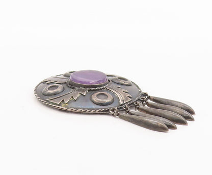 925 Sterling Silver Vintage Brooch Pin DAMASO GALLEGOS Amethyst Carved  BP10852