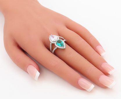 925 Sterling Silver Vintage Ring Designer Drop Sea Green & White CZ Sz 7 RG30735