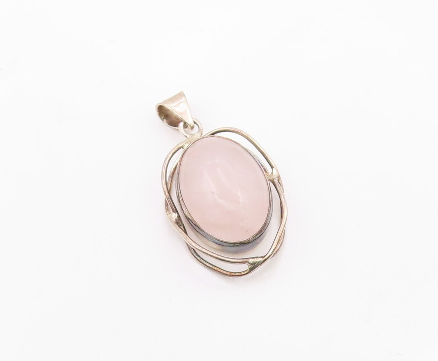 MEXICO 925 Sterling Silver  Vintage Cabochon Cut Rose Quartz Pendant  PT18716