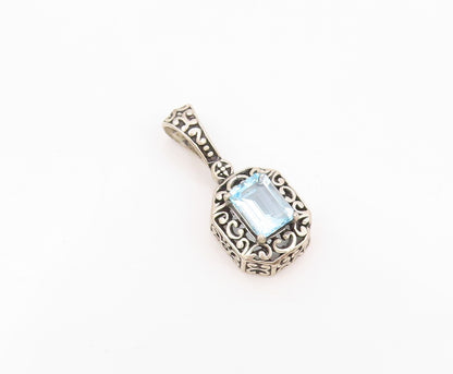 925 Sterling Silver Vintage Pendant Rectangle Blue Topaz Swirly Carved  PT23905