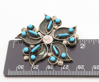 925 Sterling Silver Vintage Brooch Pin NAVAJO ZUNI Larimar Flower  BP11658