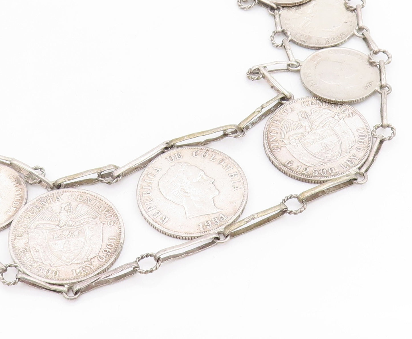 Solid Silver Vintage Necklace Columbia Centavos Long Coin Panel Link  NE4727