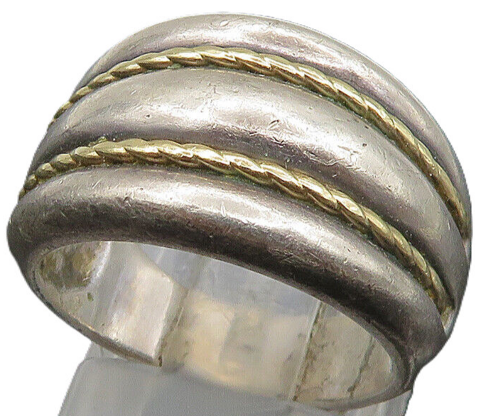 925 Silver & 14K GOLD  Vintage Two Tone Rope Twist Dome Band Ring Sz 6 RG23689