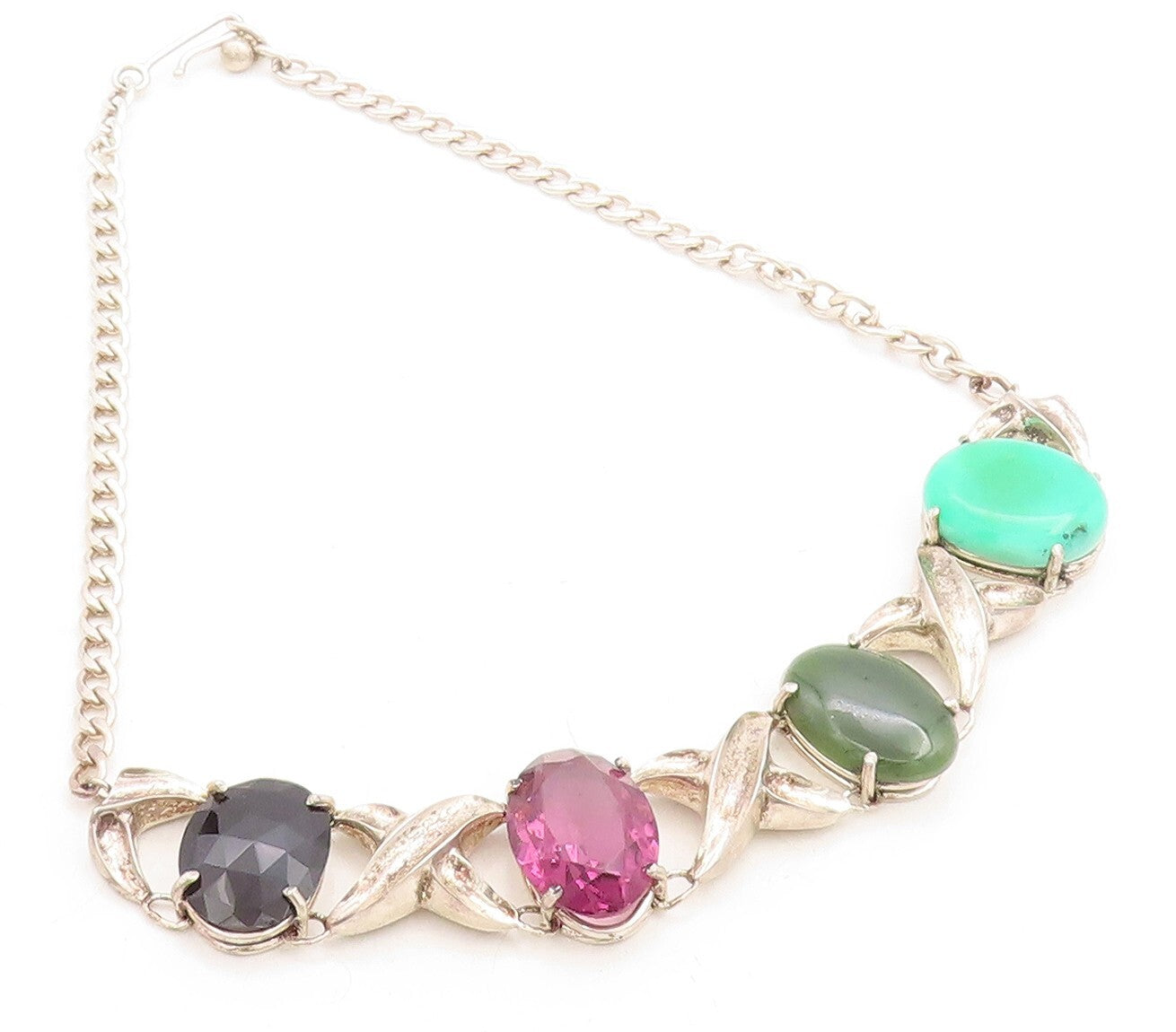 925 Silver  Vintage Hematite Amethyst Turquoise & Jasper Chain Necklace NE2182