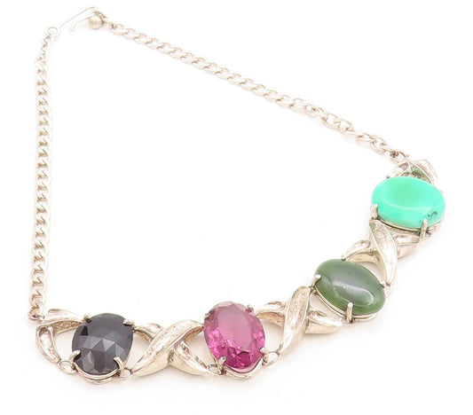 925 Silver  Vintage Hematite Amethyst Turquoise & Jasper Chain Necklace NE2182