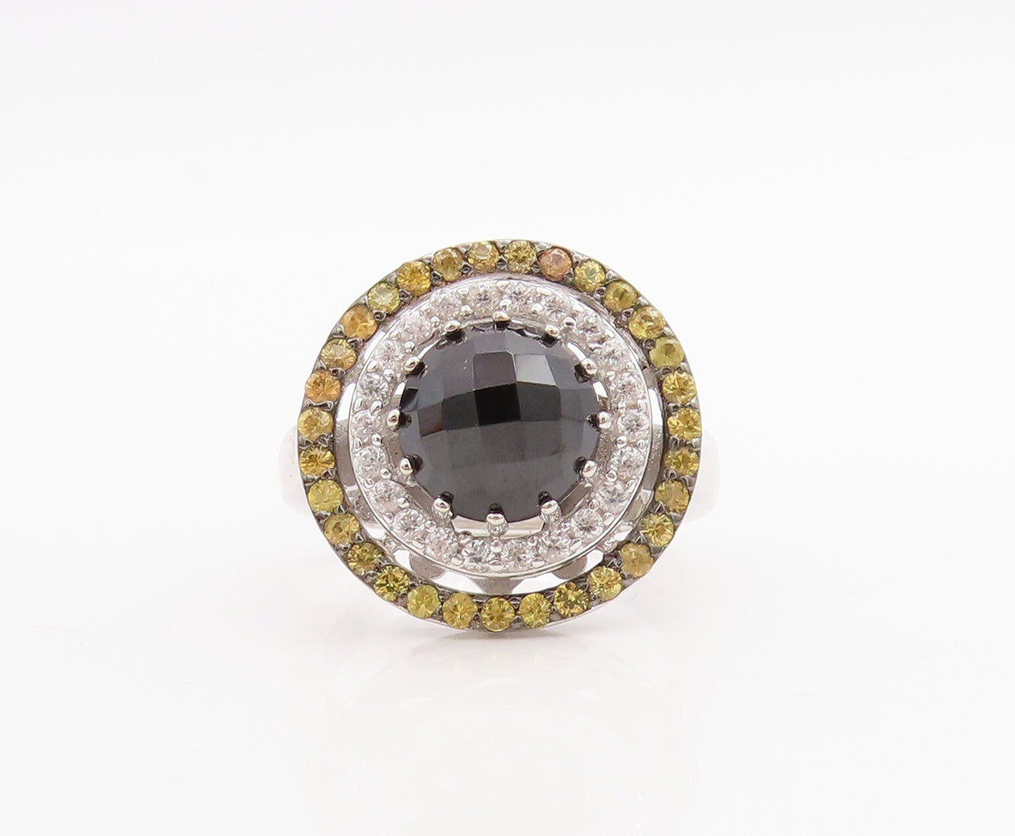 925 Sterling Silver Vintage Ring Round Onyx CZ & Citrine Rings  Sz 7  RG30978