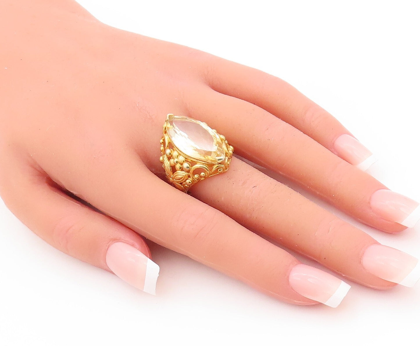 925 Sterling Silver Vintage Ring Gold Plated Citrine Floral Cutout Sz 7  RG29328