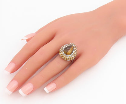 925 Sterling Silver Vintage Ring Tiger's Eye & Citrine Teardrop  Sz 7.5  RG34789