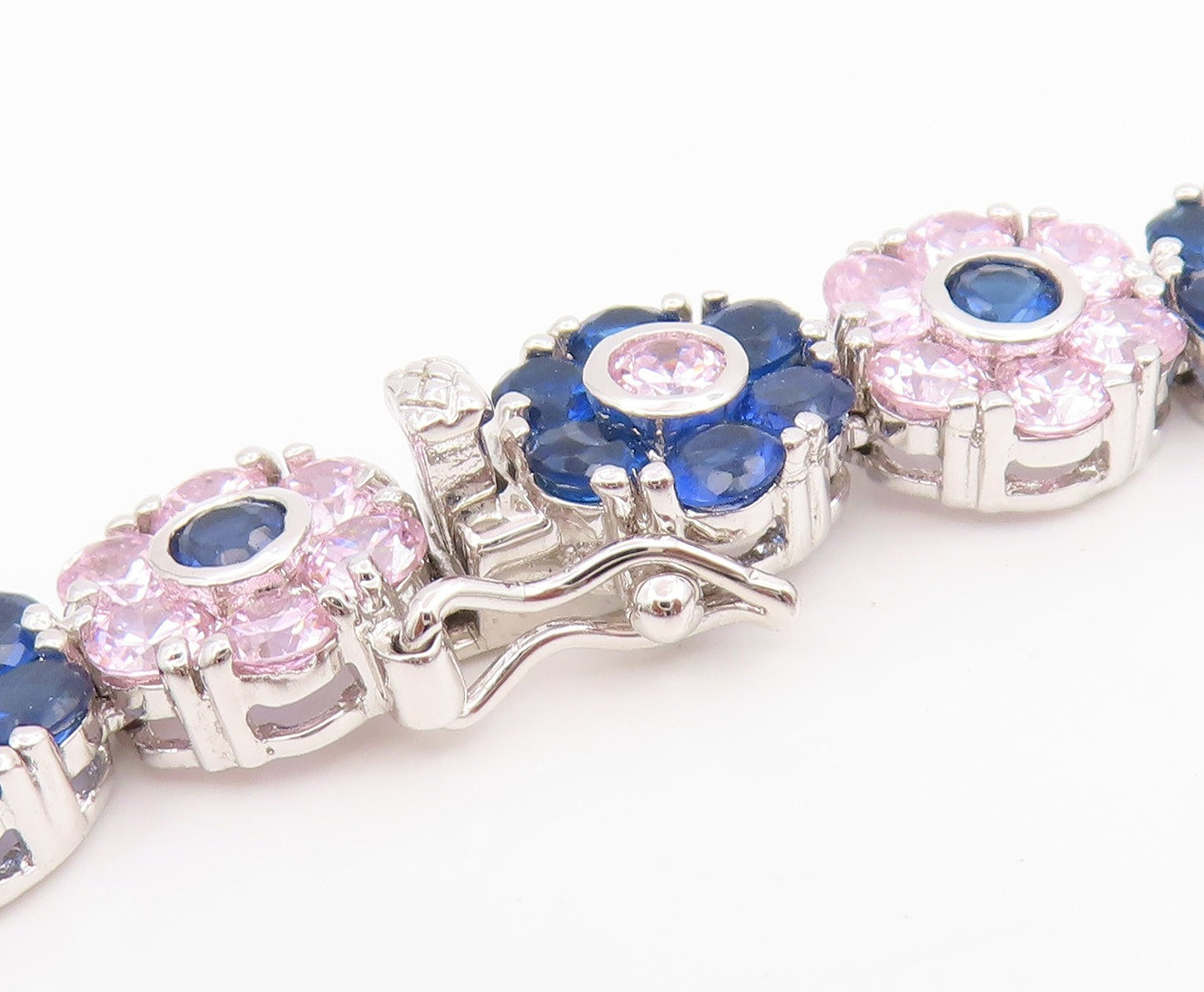 925 Sterling Silver Vintage Necklace Pink & Blue Topaz Floral Link Chain  NE4813