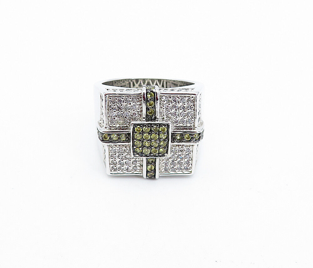 925 Sterling Silver Topaz Encrusted Large Square Band Ring Sz 11 RG4033