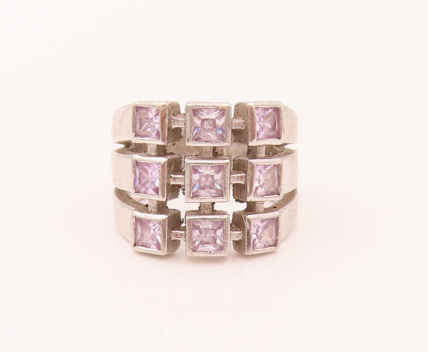 925 Sterling Silver  Vintage 9 Princess Cut CZ Chessboard Ring Sz 6  RG26579