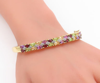 925 Sterling Silver Vintage Bracelet Gold Plated Multi Gemstone Bangle  BT11597