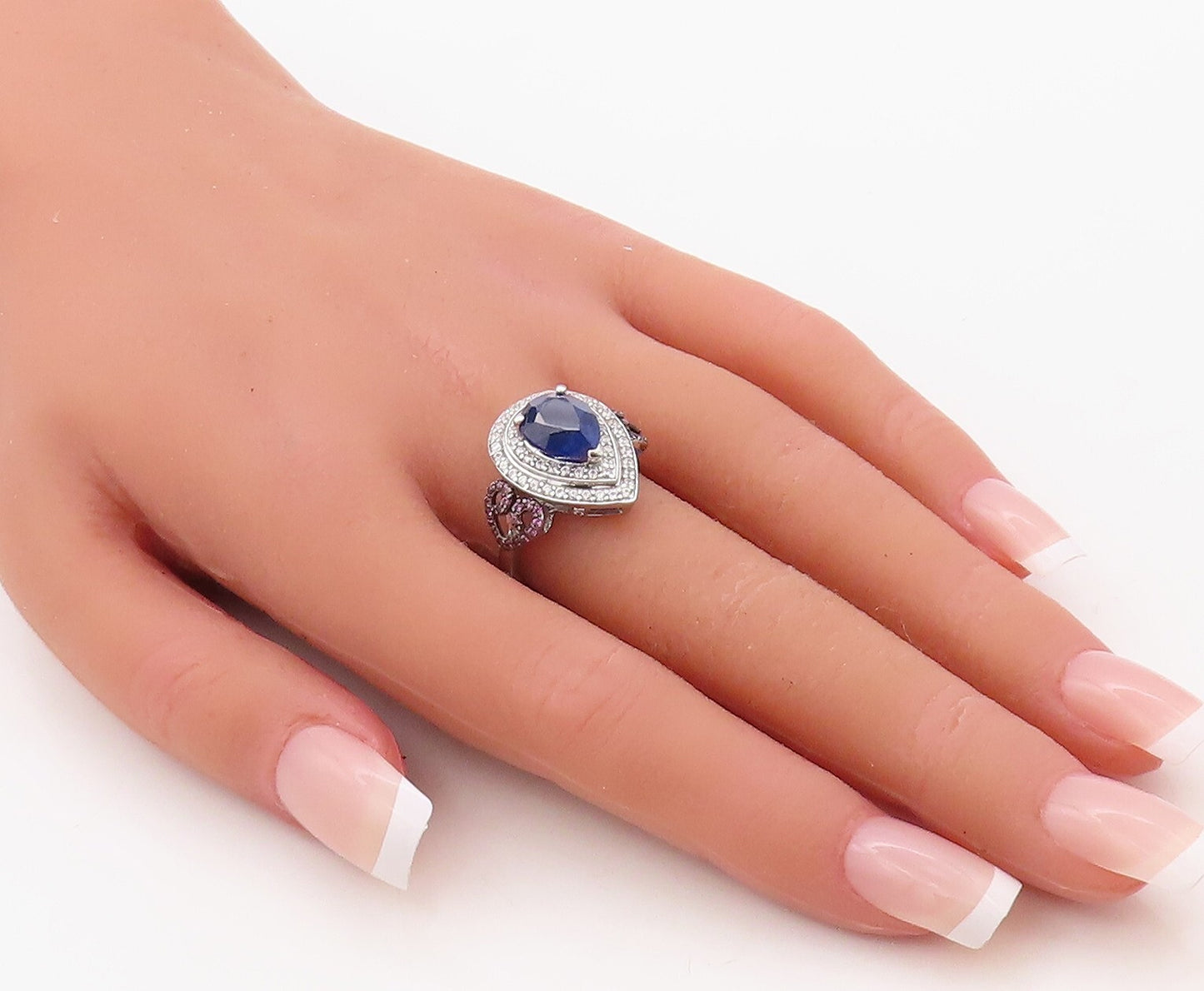 925 Sterling Silver Vintage Ring Drop Cut Sapphire Halo 2 Tone CZ  Sz 7  RG30839