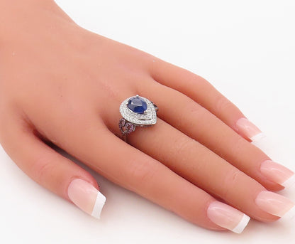 925 Sterling Silver Vintage Ring Drop Cut Sapphire Halo 2 Tone CZ  Sz 7  RG30839