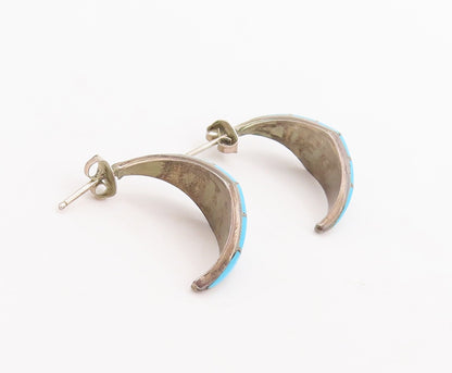 925 Sterling Silver Vintage Earrings NAVAJO ZUNI Blue Turquoise Inlay  EG13120
