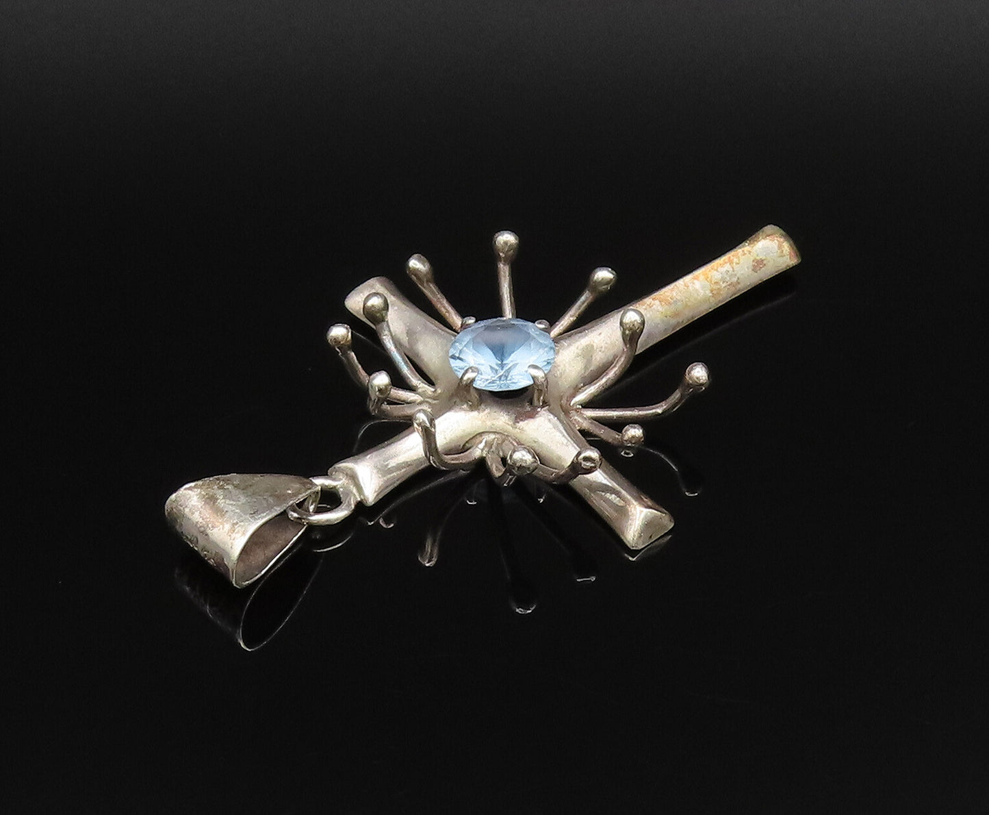 MB MEXICO 925 Silver  Vintage 3D Spiked Religious Cross Topaz Pendant  PT21578