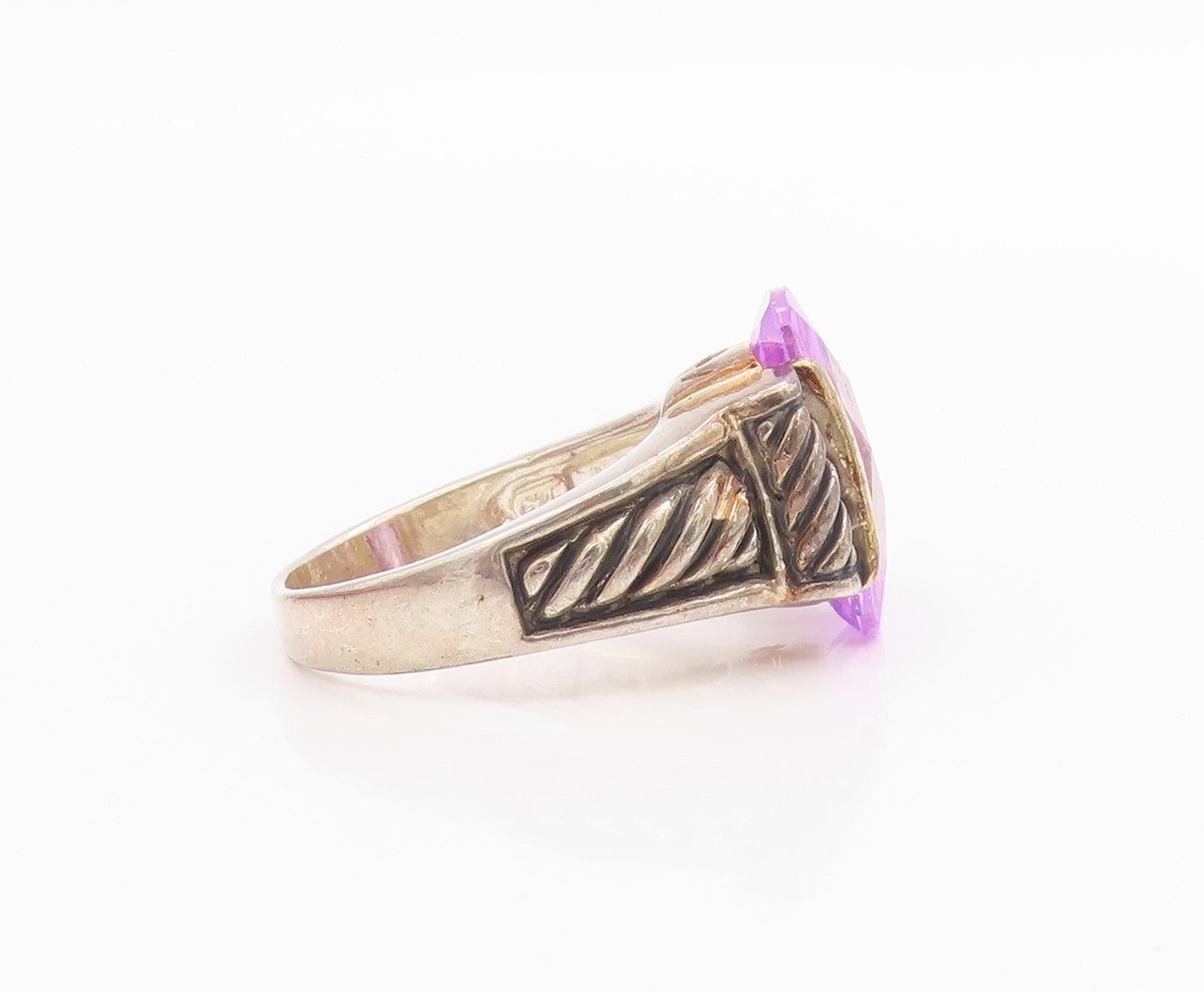 925 Sterling Silver Vintage Ring Rectangle Cut Amethyst Roped  Sz 8  RG33198
