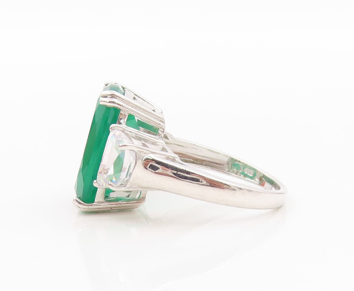 925 Sterling Silver Vintage Ring Rectangle Gemstone & CZ Inlay  Sz 7  RG31830