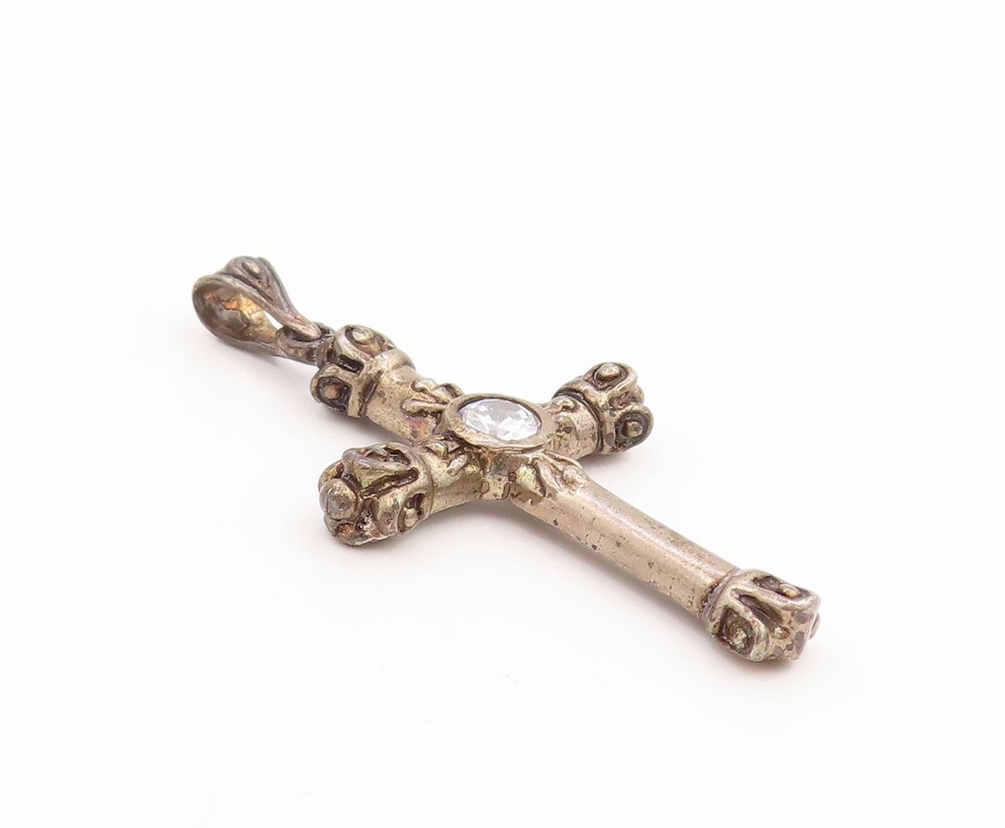 925 Sterling Silver Vintage Pendant Round CZ Bold Religious Cross Charm  PT25830