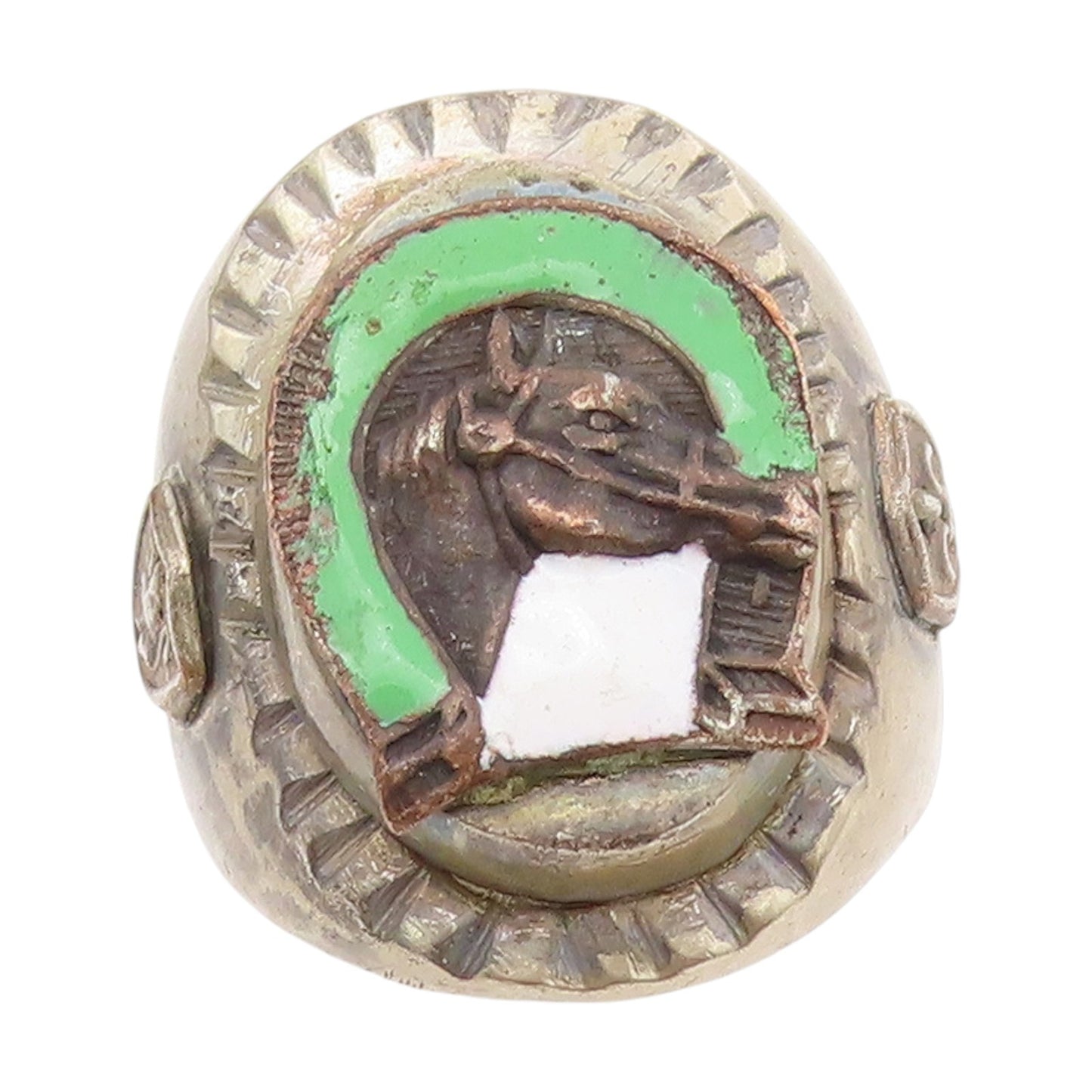 925 Sterling Silver Vintage Ring Antique Enamel Horse & Horseshoe Sz 10 RG34504