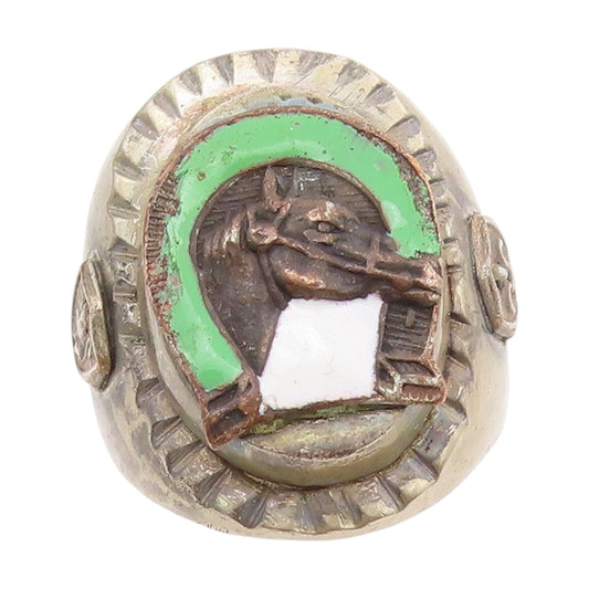 925 Sterling Silver Vintage Ring Antique Enamel Horse & Horseshoe Sz 10 RG34504
