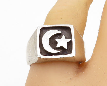 MEXICO 925 Silver  Vintage Oxidized Half Moon & Star Band Ring Sz 10  RG7403
