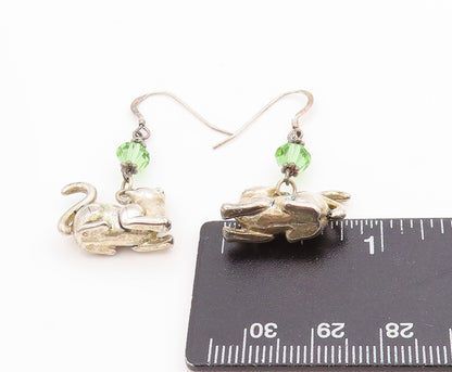 925 Sterling Silver Vintage Earrings Lucky Cat Charm with Green Sparkle  EG13710