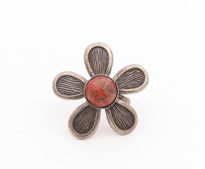925 Sterling Silver Vintage Ring Cabochon Gemstone Flower Cutout  Sz 7.5 RG33271