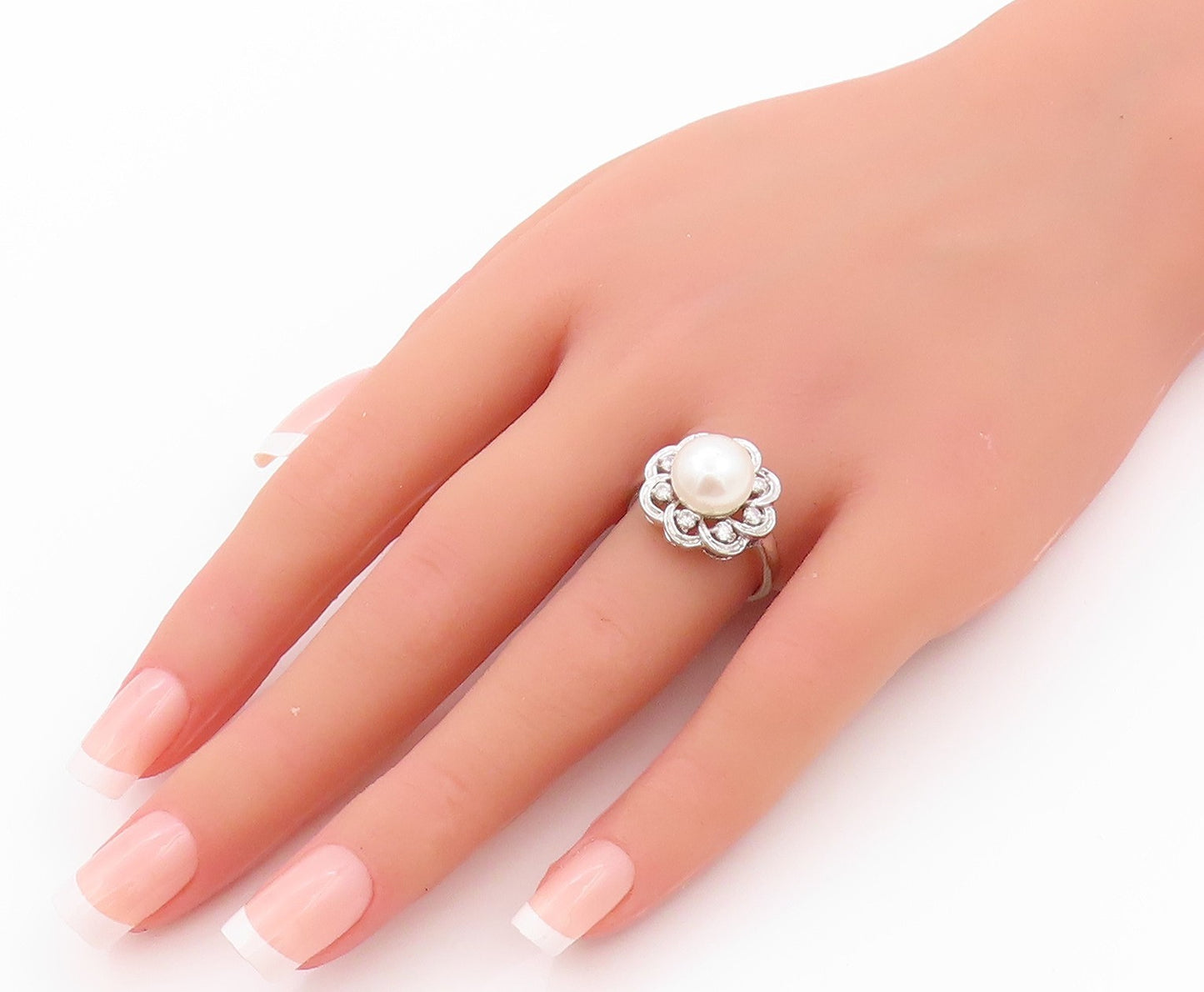 925 Sterling Silver Vintage Ring Pearl & CZ Cutout Flower  Sz 8  RG32643