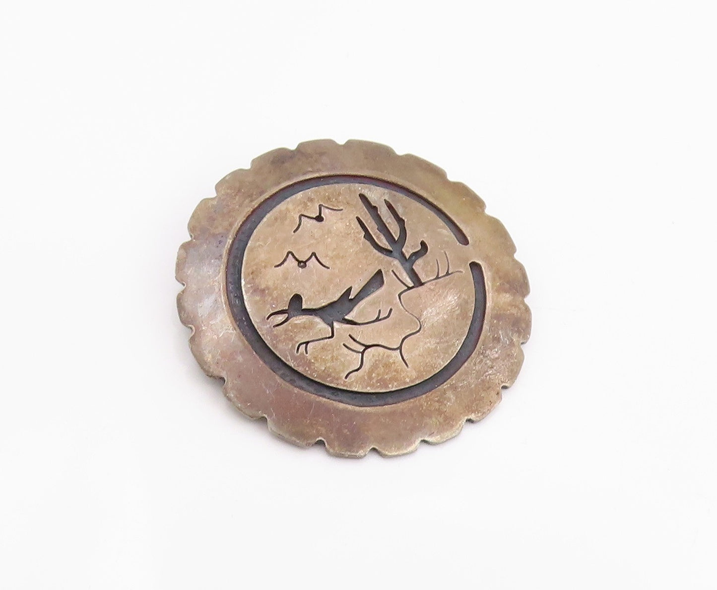 925 Sterling Silver Vintage Brooch Pin Roadrunner & Cactus  BP12453