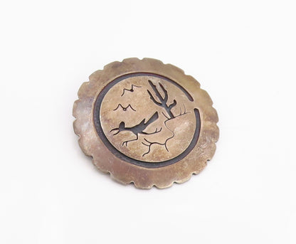 925 Sterling Silver Vintage Brooch Pin Roadrunner & Cactus  BP12453