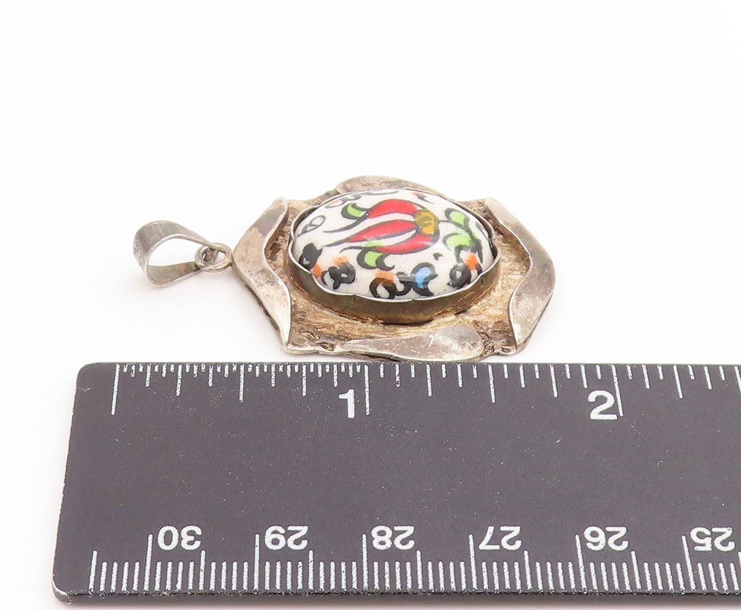 925 Sterling Silver Vintage Pendant Classic Ceramic Tulip Flower Charm  PT26108