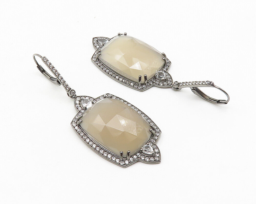 925 Sterling Silver  Faceted Quartz & Topaz Dark Tone Dangle Earrings  EG5628
