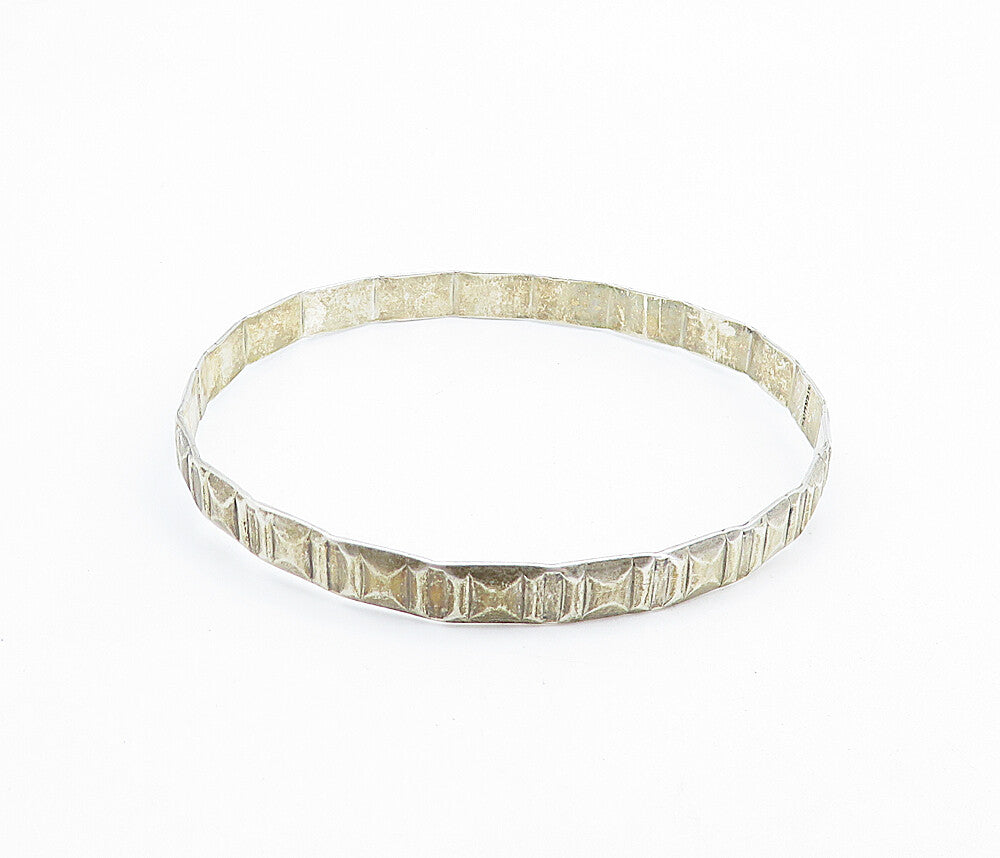 925 Sterling Silver  Vintage Shiny Square Patterned Bangle Bracelet  BT3084