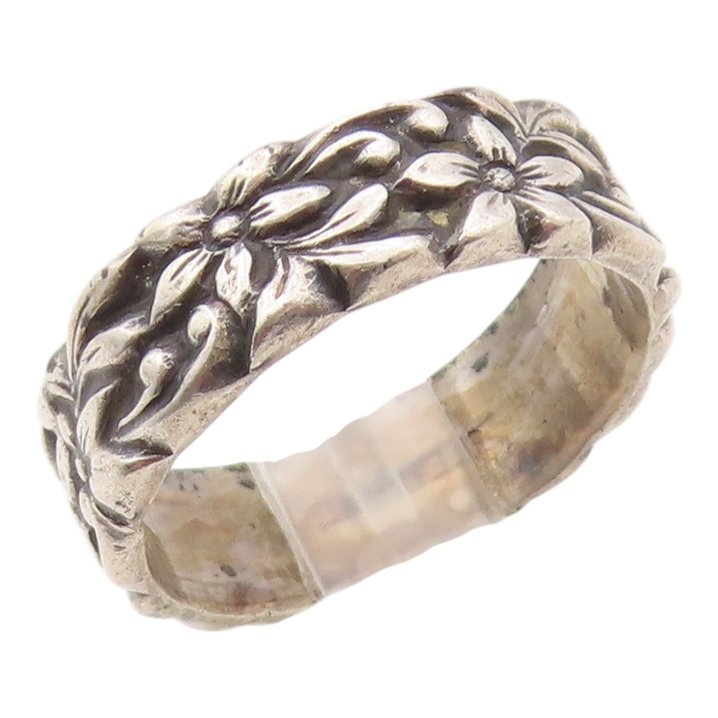 925 Sterling Silver Vintage Ring Carved Daisy Floral Vine Band  Sz 7.5  RG36318