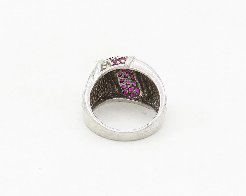 925 Sterling Silver  Ruby Cluster Shiny Quilted Detail Band Ring Sz 8  RG17468