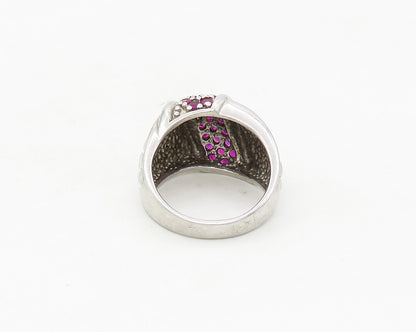 925 Sterling Silver  Ruby Cluster Shiny Quilted Detail Band Ring Sz 8  RG17468
