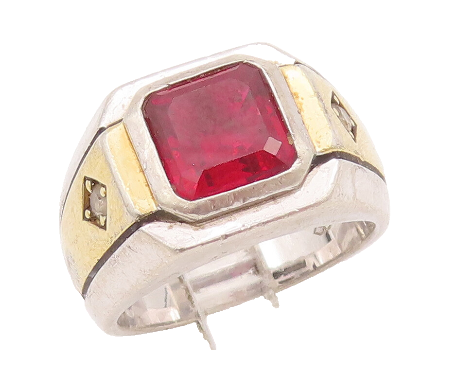 925 Sterling Silver Vintage Ring Grooved Square Red White Topaz Sz 11.5  RG28025