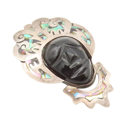 925 Sterling Silver Vintage Brooch Pin TAXCO Onyx Face Abalone Crown  BP11459