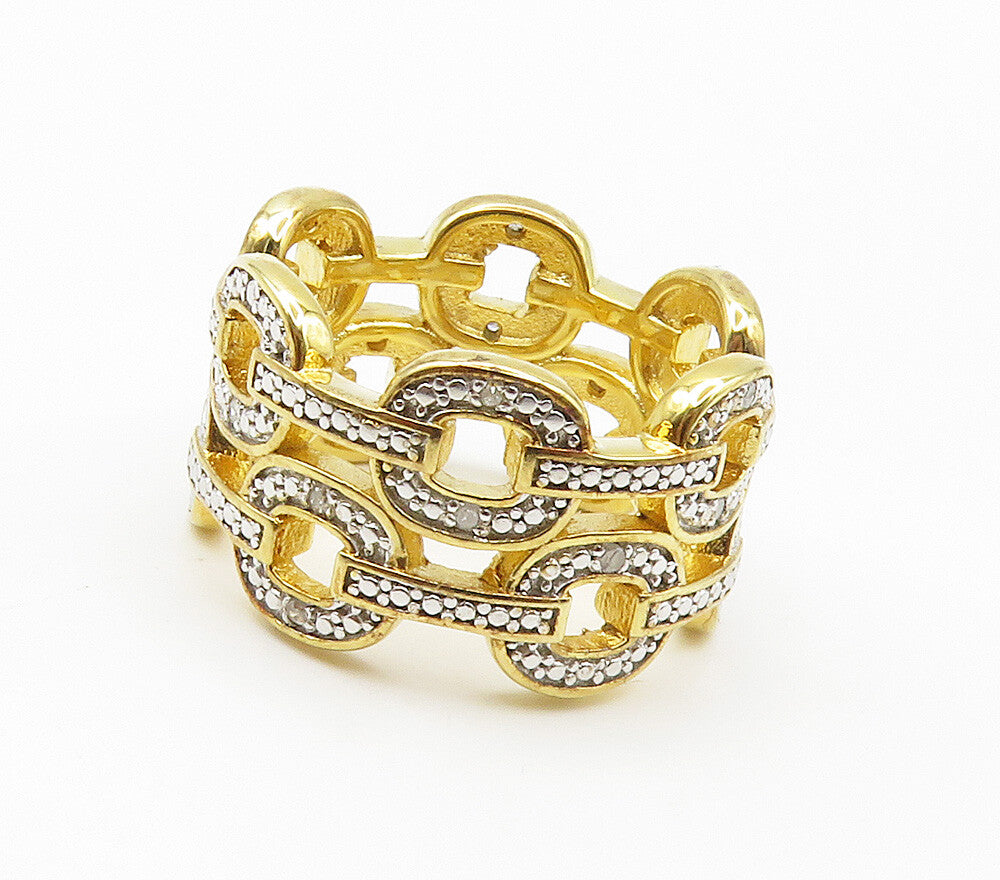 925 Silver Genuine Diamonds Gold Plated Chain Link Band Ring Sz 7  RG15534