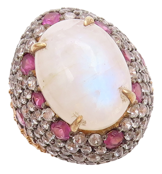 925 Sterling Silver Vintage Ring Gold Plated Moonstone & Pink CZ Sz 6.5 RG30964