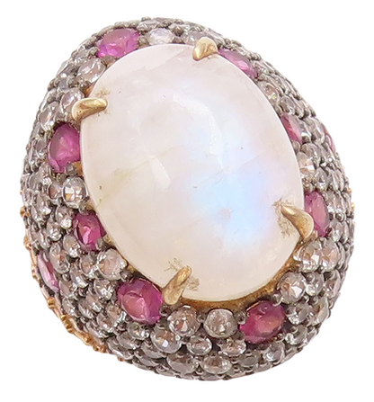 925 Sterling Silver Vintage Ring Gold Plated Moonstone & Pink CZ Sz 6.5 RG30964