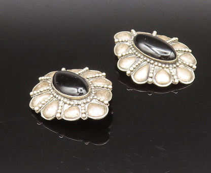 BALI 925 Sterling Silver Vintage Floral Black Onyx Clip Back Earrings EG12295