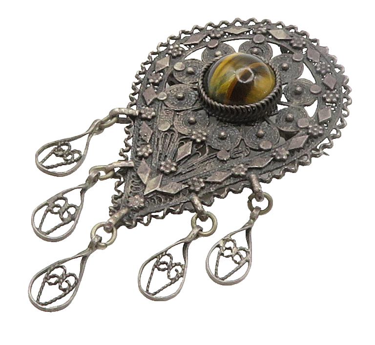 925 Sterling Silver  Vintage Antique Tiger's Eye Floral Brooch Pin  BP6056