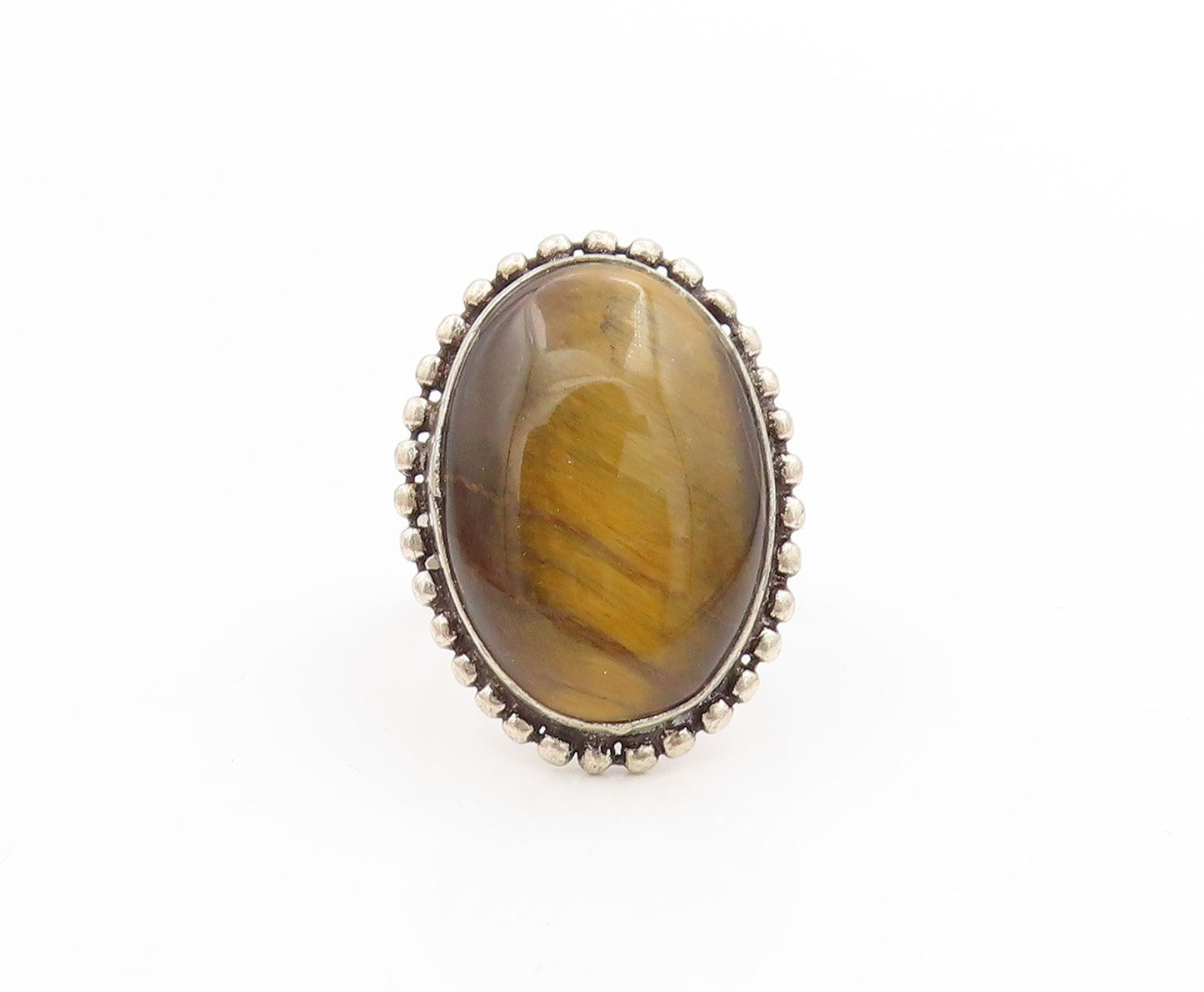 925 Sterling Silver Vintage Ring Large Tiger's Eye Beaded Edge  Sz 12  RG34146